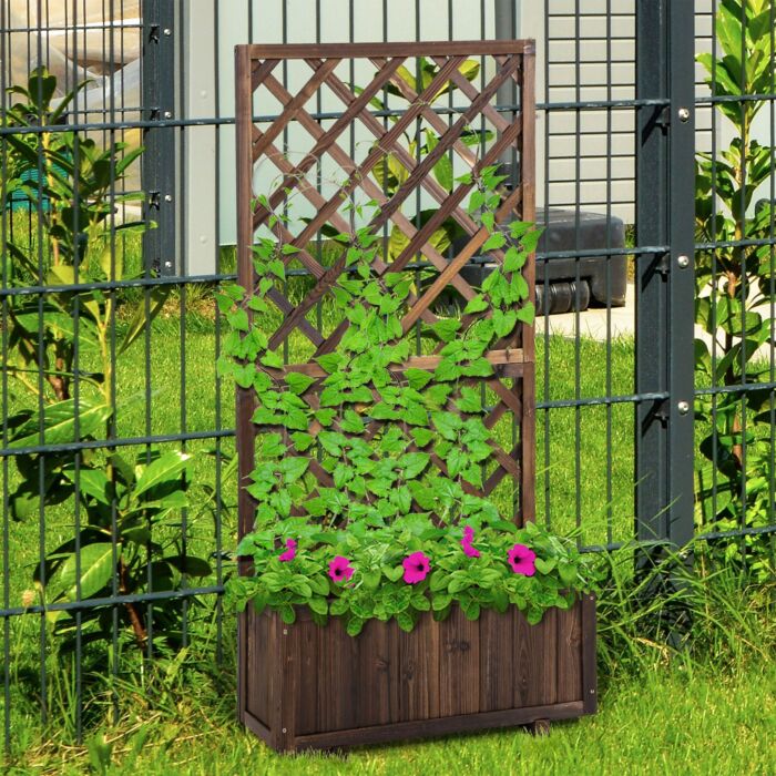Outsunny Garden Wooden Pine Trough Planter With Topped Trellis Climbing Plants Flower Raised Bed
