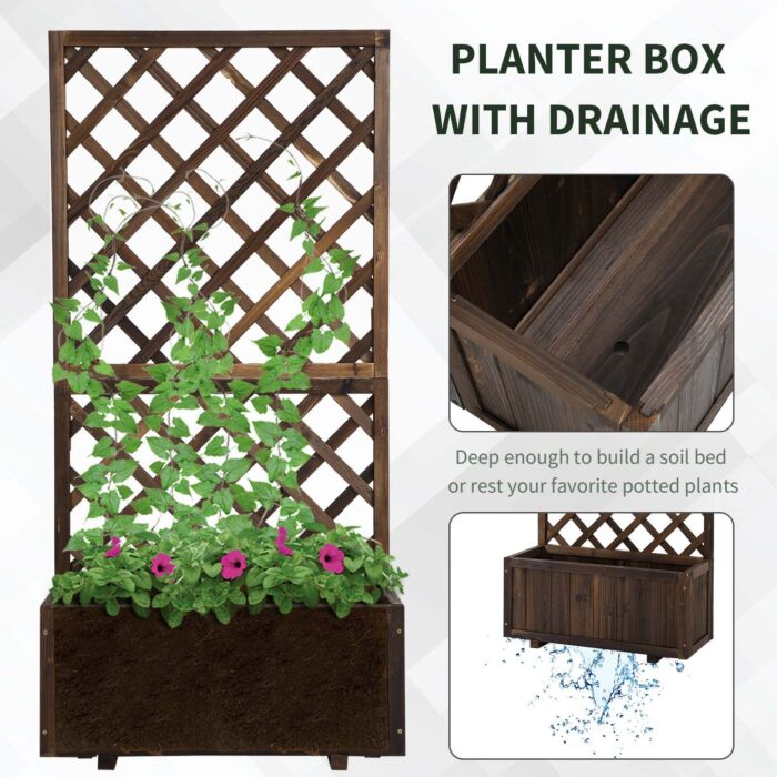Outsunny Garden Wooden Pine Trough Planter With Topped Trellis Climbing Plants Flower Raised Bed