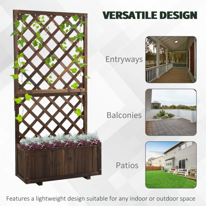 Outsunny Garden Wooden Pine Trough Planter With Topped Trellis Climbing Plants Flower Raised Bed