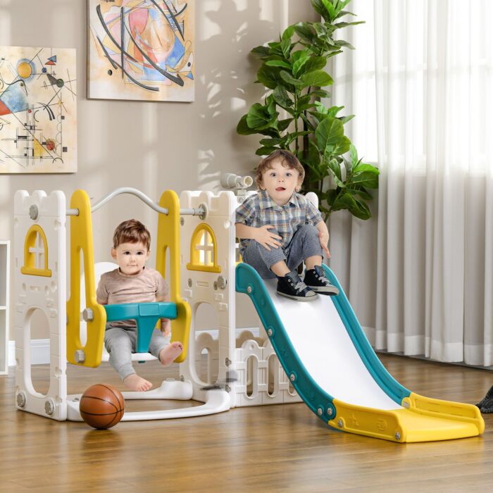 Aiyaplay 6-in-1 Swing And Slide Set, Kids Playground With Basketball Hoop, Telescope, Storage Space - Yellow