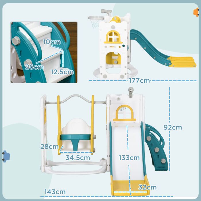 Aiyaplay 6-in-1 Swing And Slide Set, Kids Playground With Basketball Hoop, Telescope, Storage Space - Yellow
