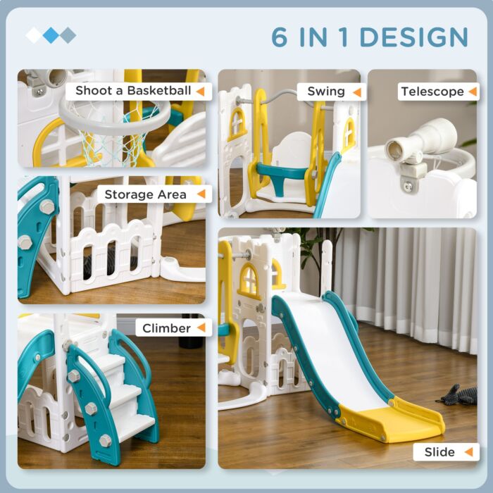 Aiyaplay 6-in-1 Swing And Slide Set, Kids Playground With Basketball Hoop, Telescope, Storage Space - Yellow