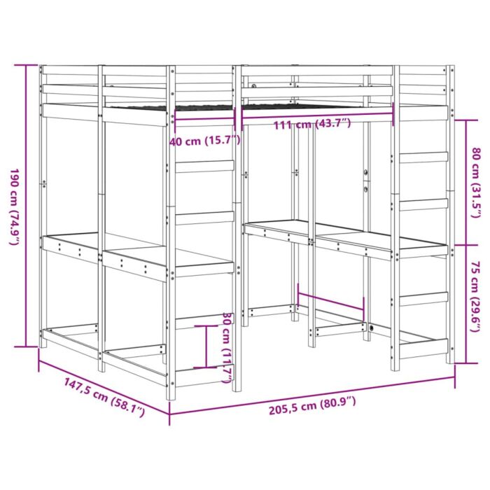 Vidaxl Loft Bed With Desk And Ladder White 140x200 Cm Solid Wood Pine