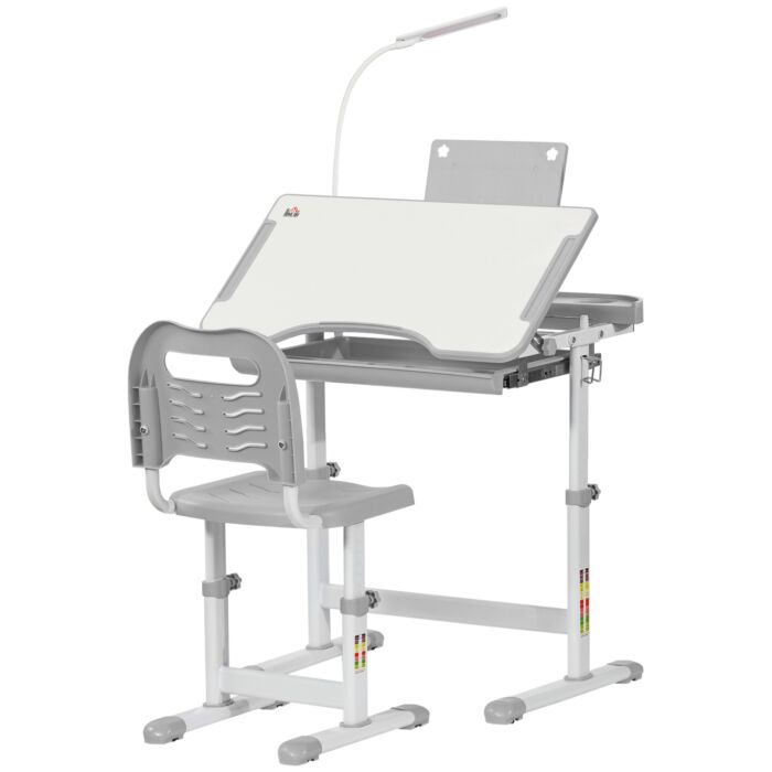 Homcom Kids Table And Chair Set, Activity Desk With Usb Lamp, Storage Drawer For Study, Activities, Arts, Or Crafts, Grey And White