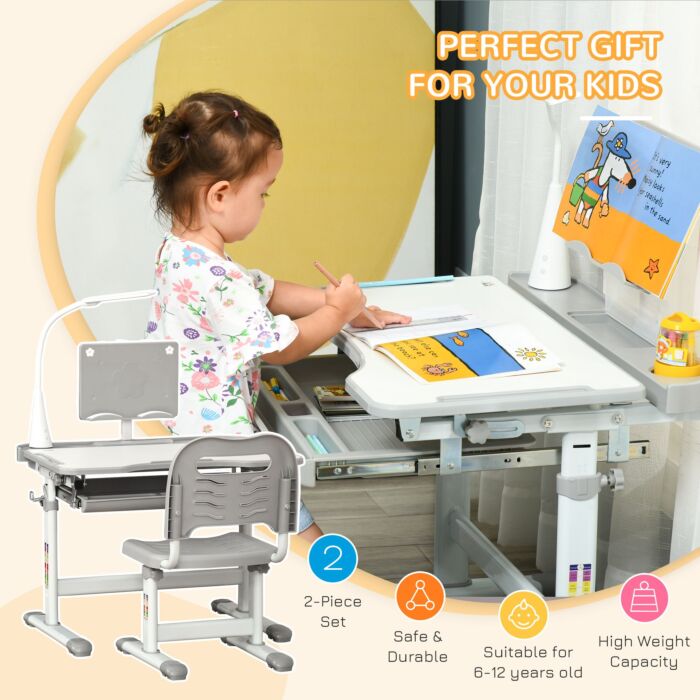 Homcom Kids Table And Chair Set, Activity Desk With Usb Lamp, Storage Drawer For Study, Activities, Arts, Or Crafts, Grey And White