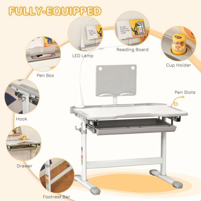 Homcom Kids Table And Chair Set, Activity Desk With Usb Lamp, Storage Drawer For Study, Activities, Arts, Or Crafts, Grey And White