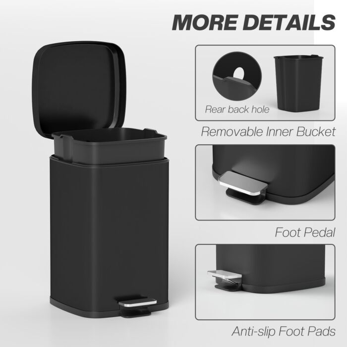 Homcom 20l Modern Boxy Metal Home Kitchen Bin - Black