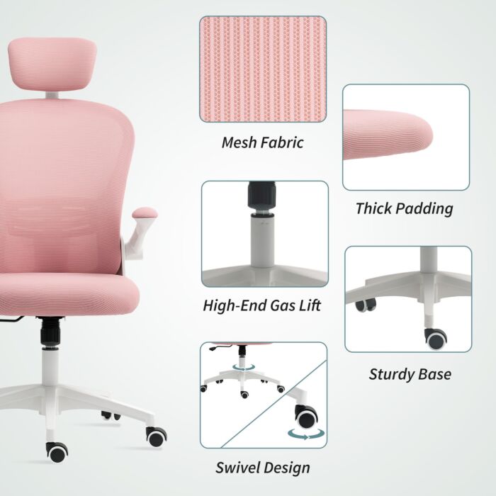 Vinsetto Multi-adjustable Office Chair, With Lumbar Support, Headrest And Mesh Back - Pink