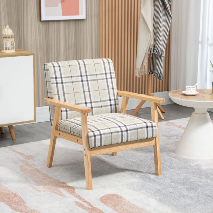 Homcom Modern Accent Chairs With Cushioned Seat, Upholstered Linen-feel Armchair, Living Room Chair With Arms And Wood Legs, Beige