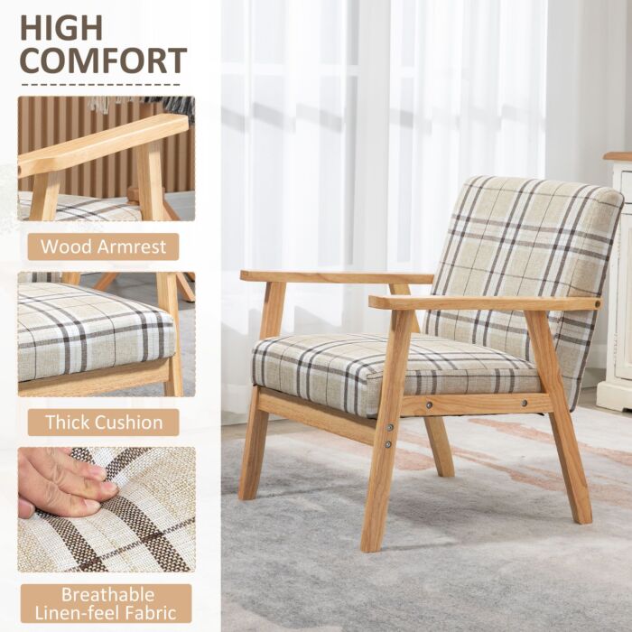Homcom Modern Accent Chairs With Cushioned Seat, Upholstered Linen-feel Armchair, Living Room Chair With Arms And Wood Legs, Beige