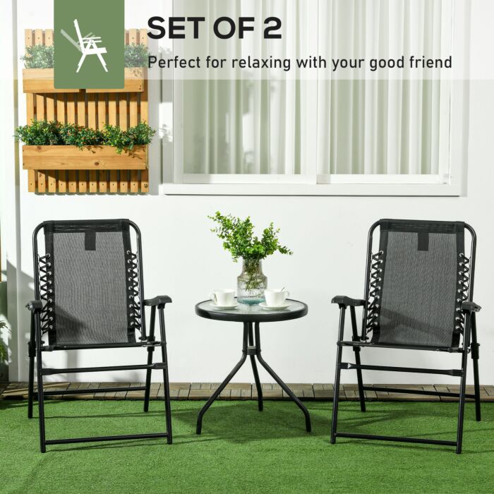 Outsunny 2 Pcs Patio Folding Chair Set, Outdoor Portable Loungers For Camping Pool Beach Deck, Lawn W/ Armrest Steel Frame Black