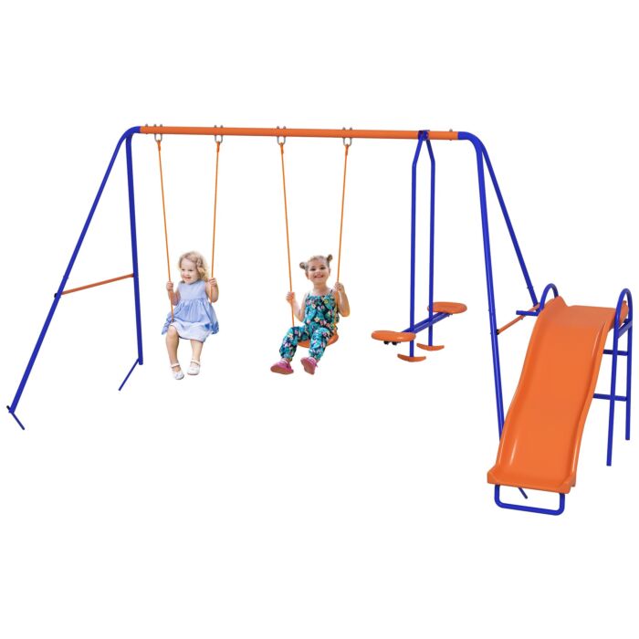 Outsunny 4 In 1 Metal Garden Swing Set With Double Swings Glider Slide Ladder Orange