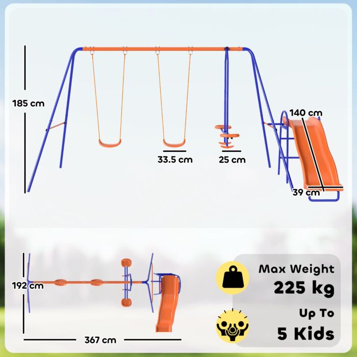 Outsunny 4 In 1 Metal Garden Swing Set With Double Swings Glider Slide Ladder Orange
