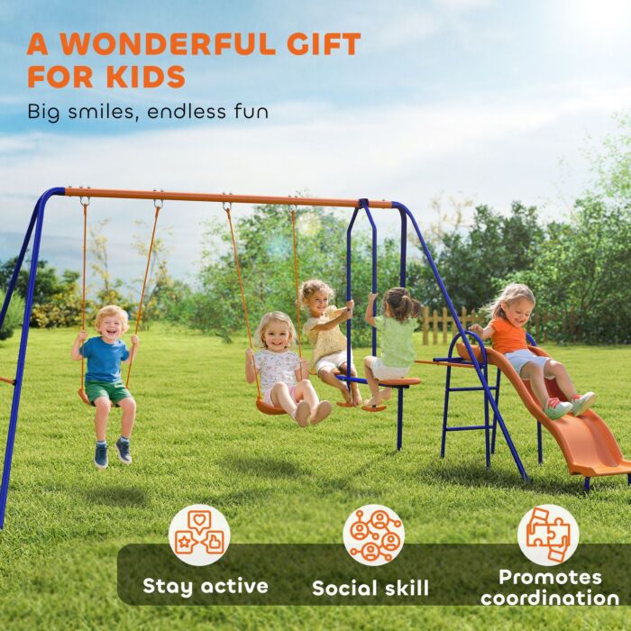 Outsunny 4 In 1 Metal Garden Swing Set With Double Swings Glider Slide Ladder Orange