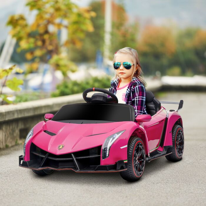 Homcom Lamborghini Veneno Licensed 12v Kids Electric Ride On Car W/ Butterfly Doors, Portable Battery, Powered Electric Car W/ Bluetooth, Pink