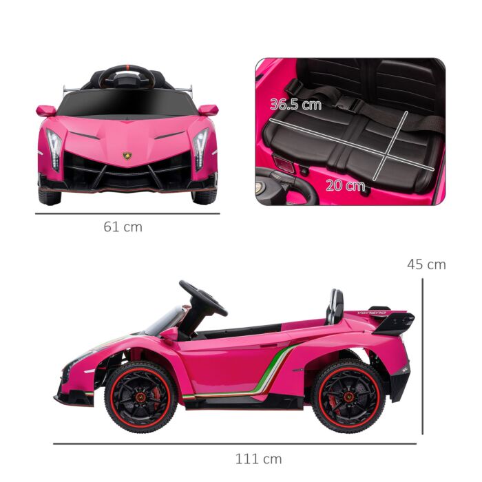 Homcom Lamborghini Veneno Licensed 12v Kids Electric Ride On Car W/ Butterfly Doors, Portable Battery, Powered Electric Car W/ Bluetooth, Pink