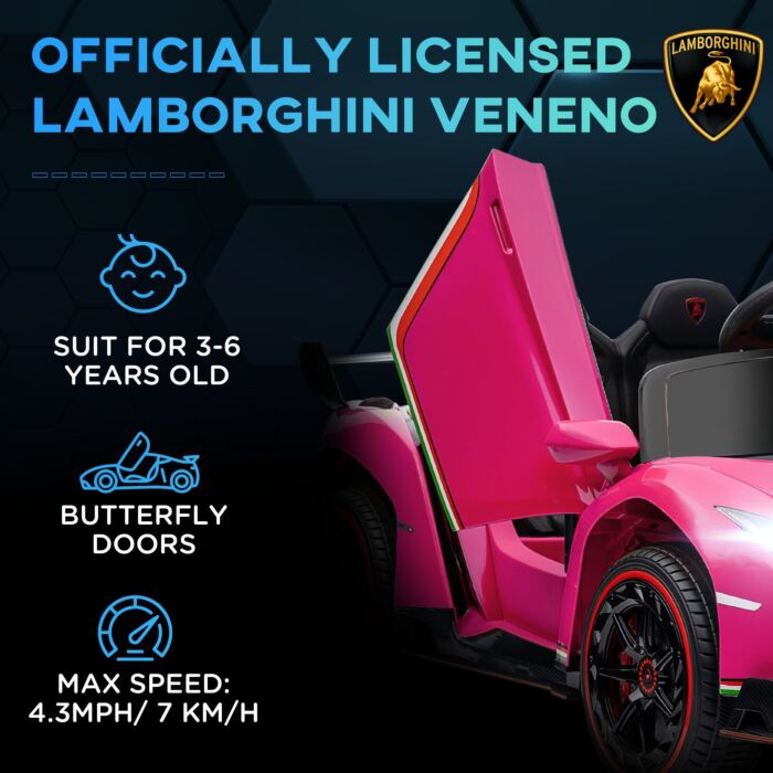 Homcom Lamborghini Veneno Licensed 12v Kids Electric Ride On Car W/ Butterfly Doors, Portable Battery, Powered Electric Car W/ Bluetooth, Pink