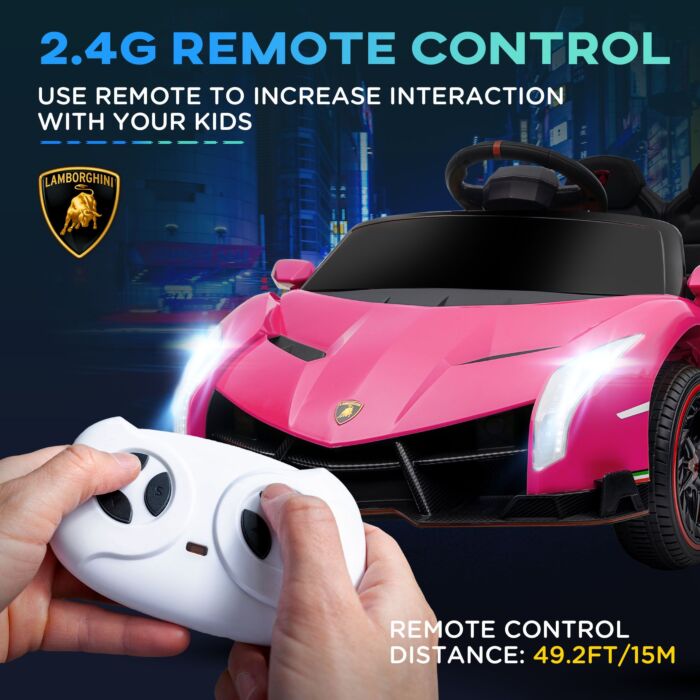 Homcom Lamborghini Veneno Licensed 12v Kids Electric Ride On Car W/ Butterfly Doors, Portable Battery, Powered Electric Car W/ Bluetooth, Pink