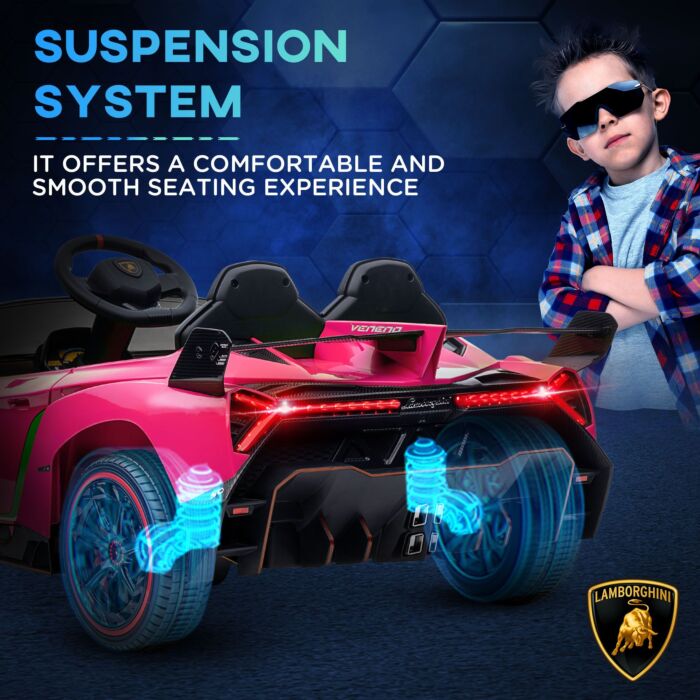 Homcom Lamborghini Veneno Licensed 12v Kids Electric Ride On Car W/ Butterfly Doors, Portable Battery, Powered Electric Car W/ Bluetooth, Pink
