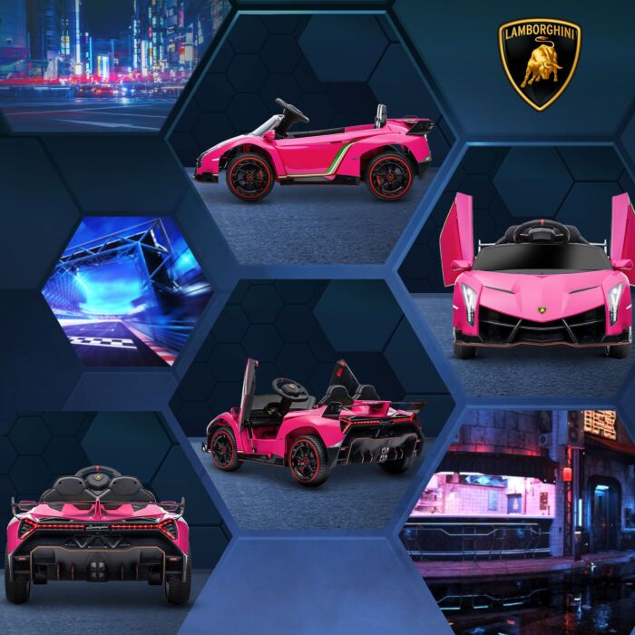 Homcom Lamborghini Veneno Licensed 12v Kids Electric Ride On Car W/ Butterfly Doors, Portable Battery, Powered Electric Car W/ Bluetooth, Pink