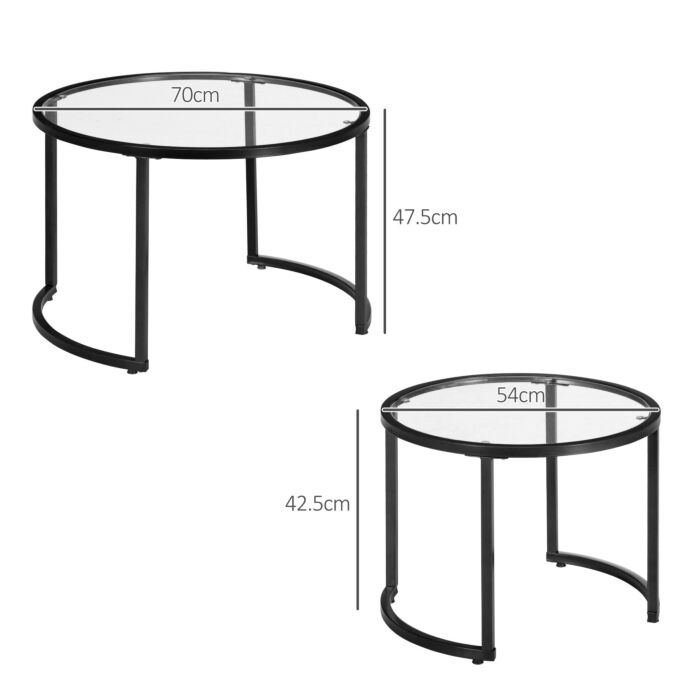 Homcom Glass Coffee Table Set Of 2, Round Nest Of Tables With Tempered Glass Tabletop And Steel Frame, Modern Side Tables For Living Room, Black