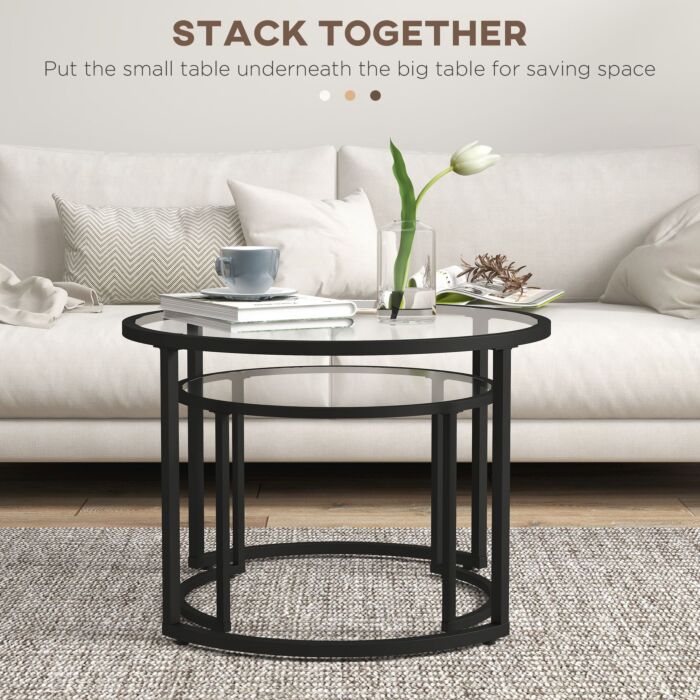 Homcom Glass Coffee Table Set Of 2, Round Nest Of Tables With Tempered Glass Tabletop And Steel Frame, Modern Side Tables For Living Room, Black