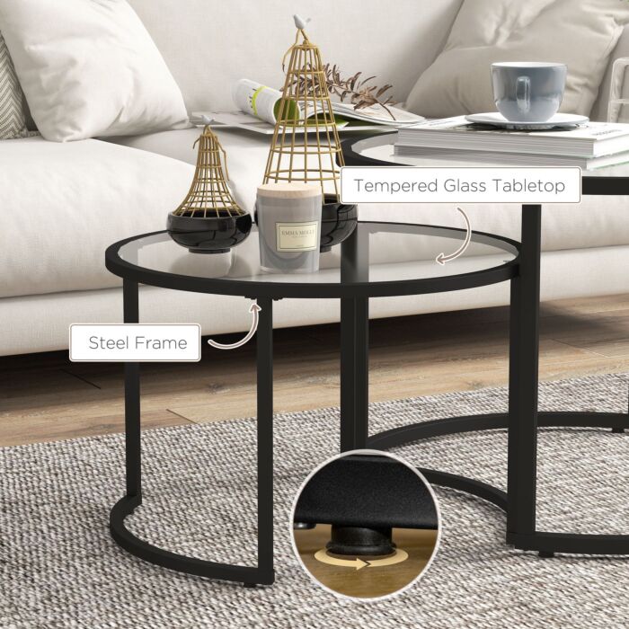 Homcom Glass Coffee Table Set Of 2, Round Nest Of Tables With Tempered Glass Tabletop And Steel Frame, Modern Side Tables For Living Room, Black
