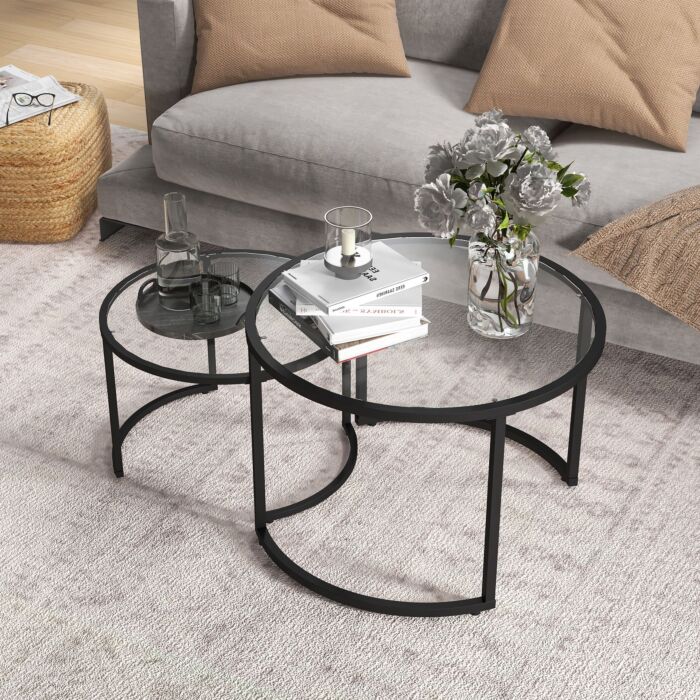 Homcom Glass Coffee Table Set Of 2, Round Nest Of Tables With Tempered Glass Tabletop And Steel Frame, Modern Side Tables For Living Room, Black