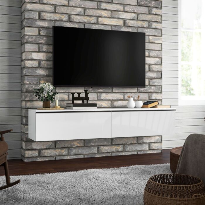 Homcom 160cm High Gloss Floating Tv Unit Stand For Tvs Up To 70", Wall Mounted Tv Cabinet With Storage Cupboards, White