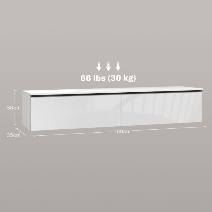 Homcom 160cm High Gloss Floating Tv Unit Stand For Tvs Up To 70", Wall Mounted Tv Cabinet With Storage Cupboards, White