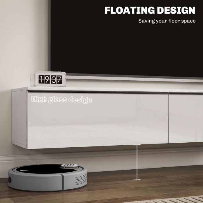 Homcom 160cm High Gloss Floating Tv Unit Stand For Tvs Up To 70", Wall Mounted Tv Cabinet With Storage Cupboards, White