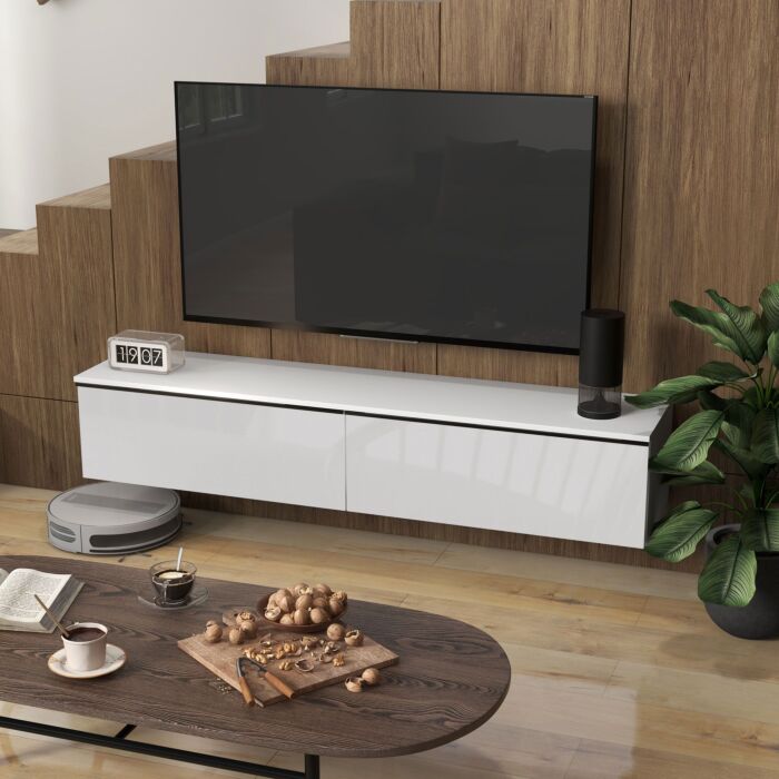 Homcom 160cm High Gloss Floating Tv Unit Stand For Tvs Up To 70", Wall Mounted Tv Cabinet With Storage Cupboards, White