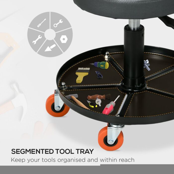 Homcom Workshop Stool With Pneumatic Adjustable Height, Rolling Mechanic Stool With 360 Degree Swivel Padded Seat And Tool Tray