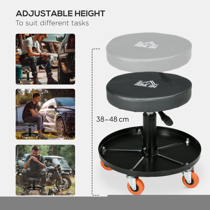 Homcom Workshop Stool With Pneumatic Adjustable Height, Rolling Mechanic Stool With 360 Degree Swivel Padded Seat And Tool Tray