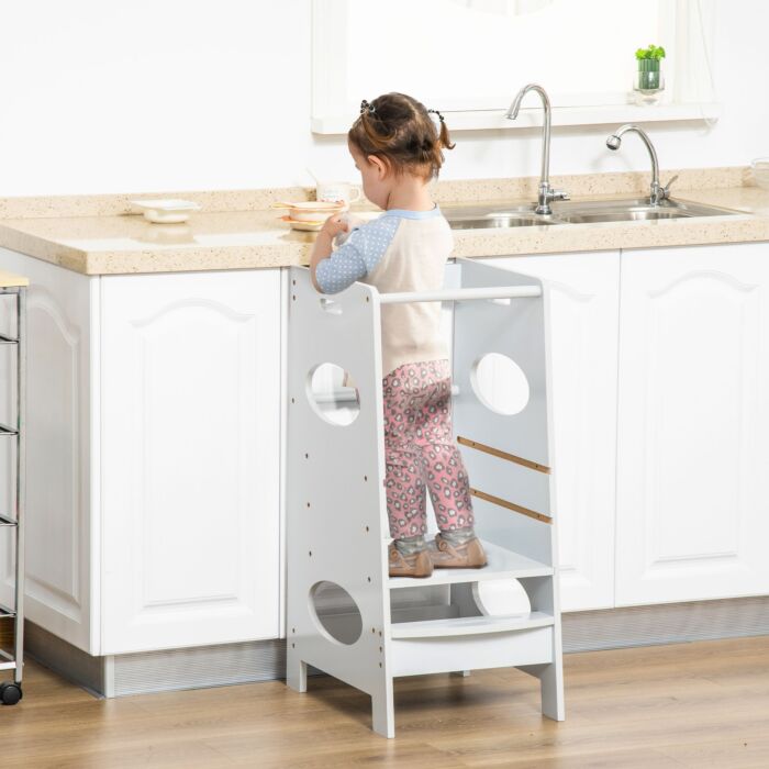 Homcom Toddler Step Stool Kids Adjustable Standing Tower With Safety Rail For Kitchen Counter Grey