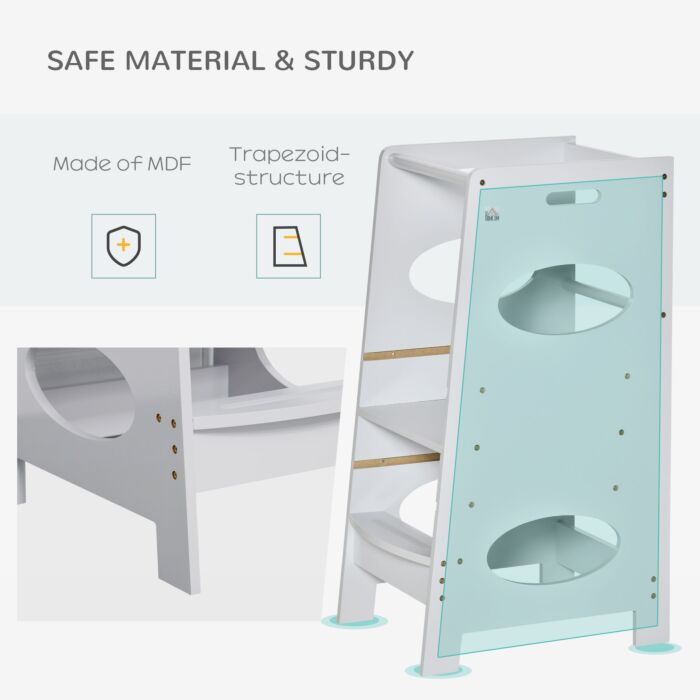 Homcom Toddler Step Stool Kids Adjustable Standing Tower With Safety Rail For Kitchen Counter Grey