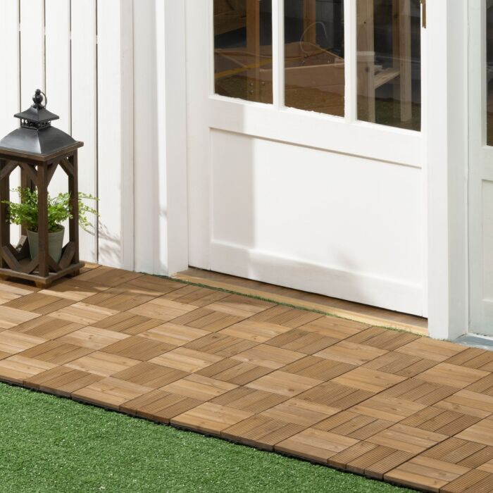 Outsunny 27 Pcs Wooden Interlocking Decking Tiles, Outdoor Flooring Tiles, Balcony Terrace Hot Tub 30 X 30 Cm Per Piece 2.5㎡ Per Pack Brown