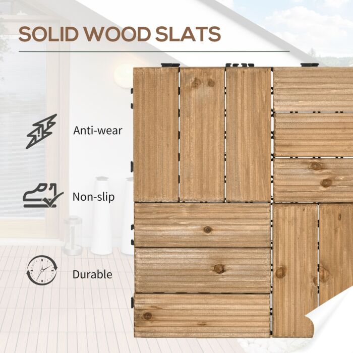 Outsunny 27 Pcs Wooden Interlocking Decking Tiles, Outdoor Flooring Tiles, Balcony Terrace Hot Tub 30 X 30 Cm Per Piece 2.5㎡ Per Pack Brown