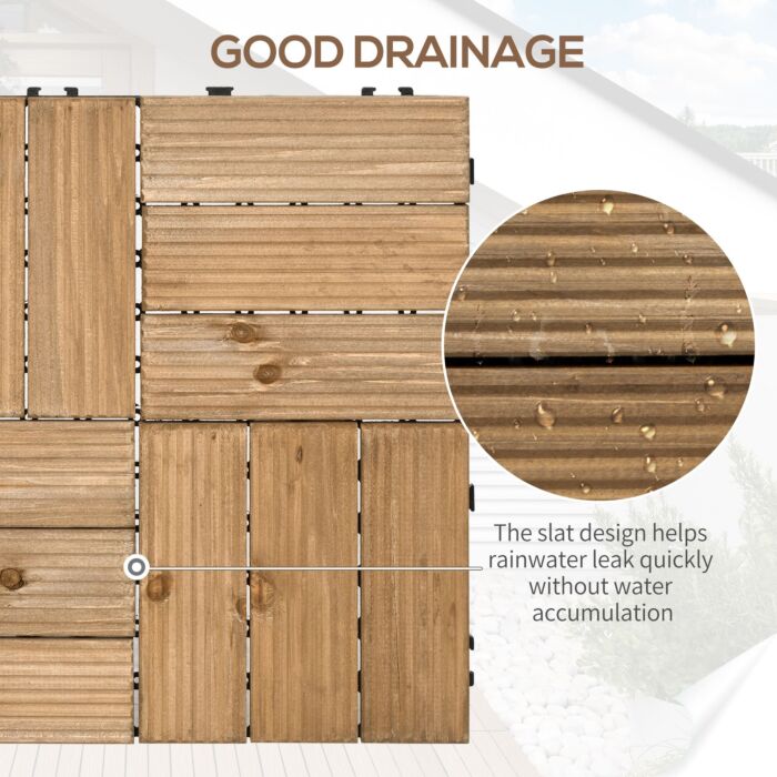 Outsunny 27 Pcs Wooden Interlocking Decking Tiles, Outdoor Flooring Tiles, Balcony Terrace Hot Tub 30 X 30 Cm Per Piece 2.5㎡ Per Pack Brown