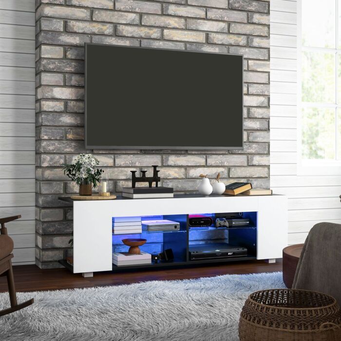 Homcom Tv Stand, 145cm Modern Tv Unit With Glass Shelves, Rgb Led Light For 32 40 43 50 52 55 60 Inch 4k Tv, White
