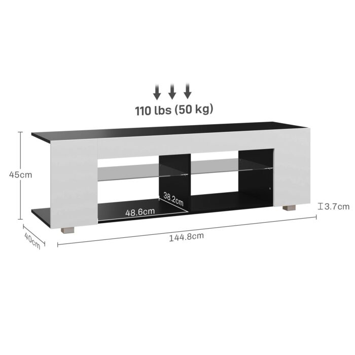 Homcom Tv Stand, 145cm Modern Tv Unit With Glass Shelves, Rgb Led Light For 32 40 43 50 52 55 60 Inch 4k Tv, White