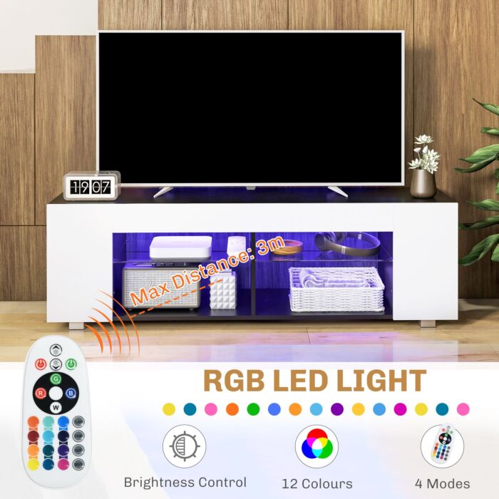 Homcom Tv Stand, 145cm Modern Tv Unit With Glass Shelves, Rgb Led Light For 32 40 43 50 52 55 60 Inch 4k Tv, White