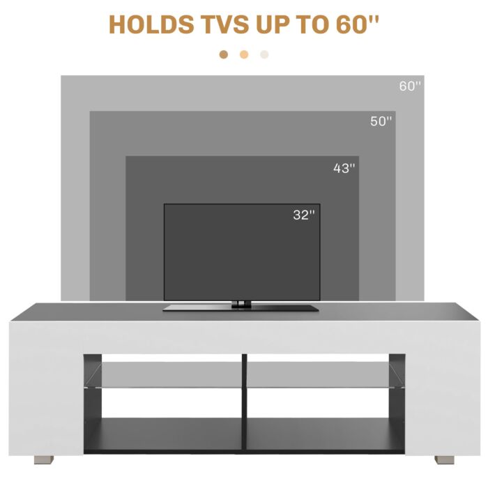 Homcom Tv Stand, 145cm Modern Tv Unit With Glass Shelves, Rgb Led Light For 32 40 43 50 52 55 60 Inch 4k Tv, White