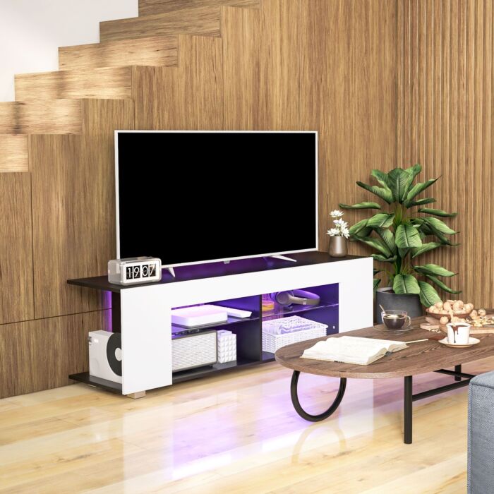 Homcom Tv Stand, 145cm Modern Tv Unit With Glass Shelves, Rgb Led Light For 32 40 43 50 52 55 60 Inch 4k Tv, White