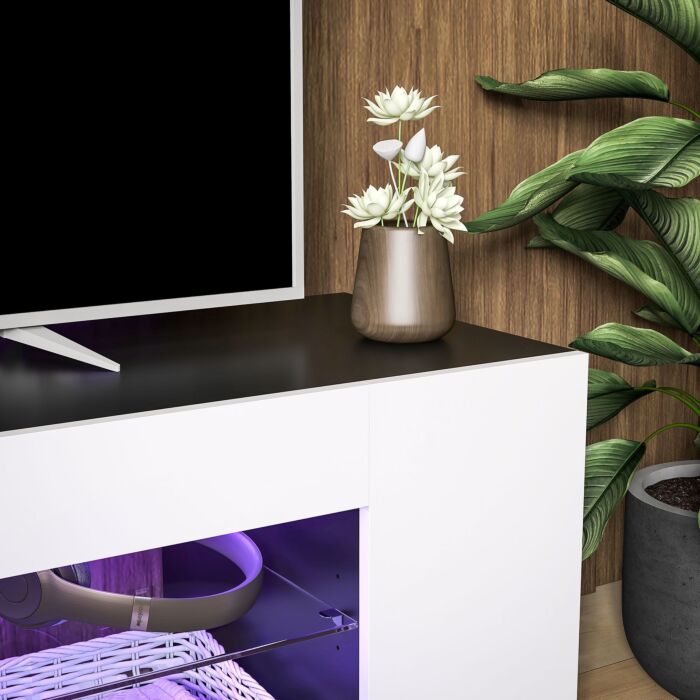 Homcom Tv Stand, 145cm Modern Tv Unit With Glass Shelves, Rgb Led Light For 32 40 43 50 52 55 60 Inch 4k Tv, White