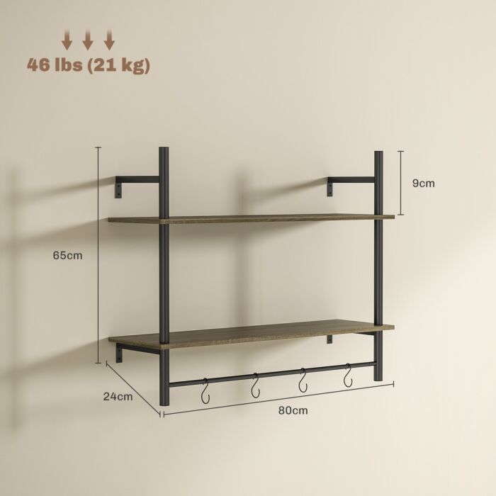 Homcom Wall Mounted Floating Shelves With 4 Hooks, Rustic Wall Shelf Unit For Living Room, Entryway, Grey