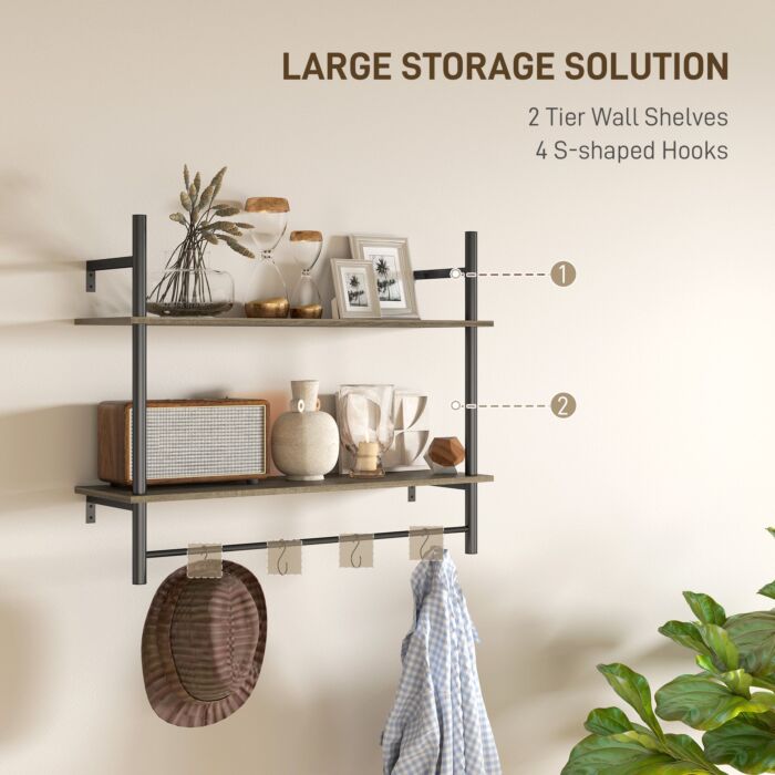 Homcom Wall Mounted Floating Shelves With 4 Hooks, Rustic Wall Shelf Unit For Living Room, Entryway, Grey