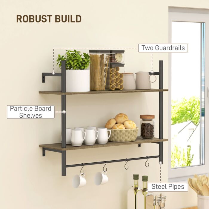 Homcom Wall Mounted Floating Shelves With 4 Hooks, Rustic Wall Shelf Unit For Living Room, Entryway, Grey
