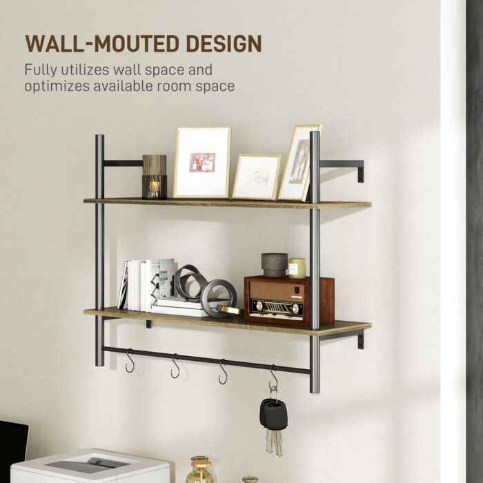 Homcom Wall Mounted Floating Shelves With 4 Hooks, Rustic Wall Shelf Unit For Living Room, Entryway, Grey