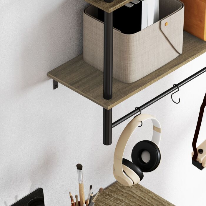 Homcom Wall Mounted Floating Shelves With 4 Hooks, Rustic Wall Shelf Unit For Living Room, Entryway, Grey